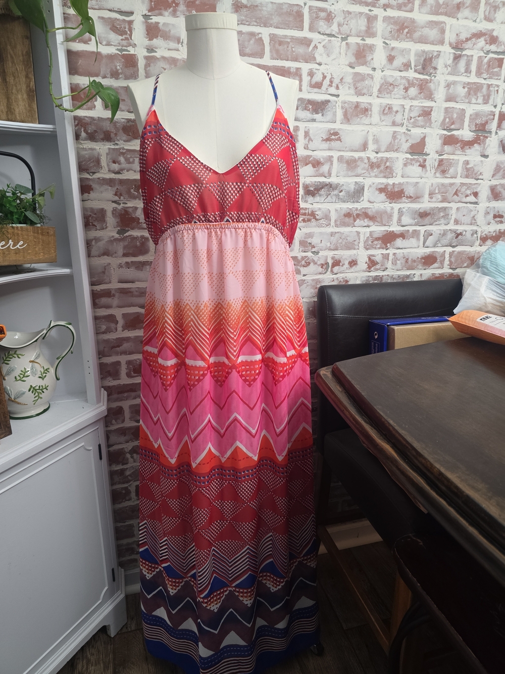 Old Navy Red, Pink and Orange Chevron Maxi Maternity Dress Sz Large